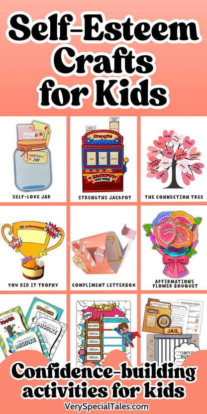 Collage of self-esteem crafts for kids with colorful illustrations on a pink background.