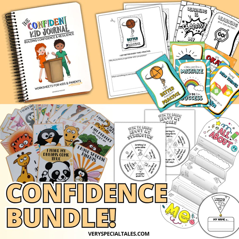 Confidence-building bundle with worksheets, self-esteem workbook, positive affirmation cards and other SEL activities