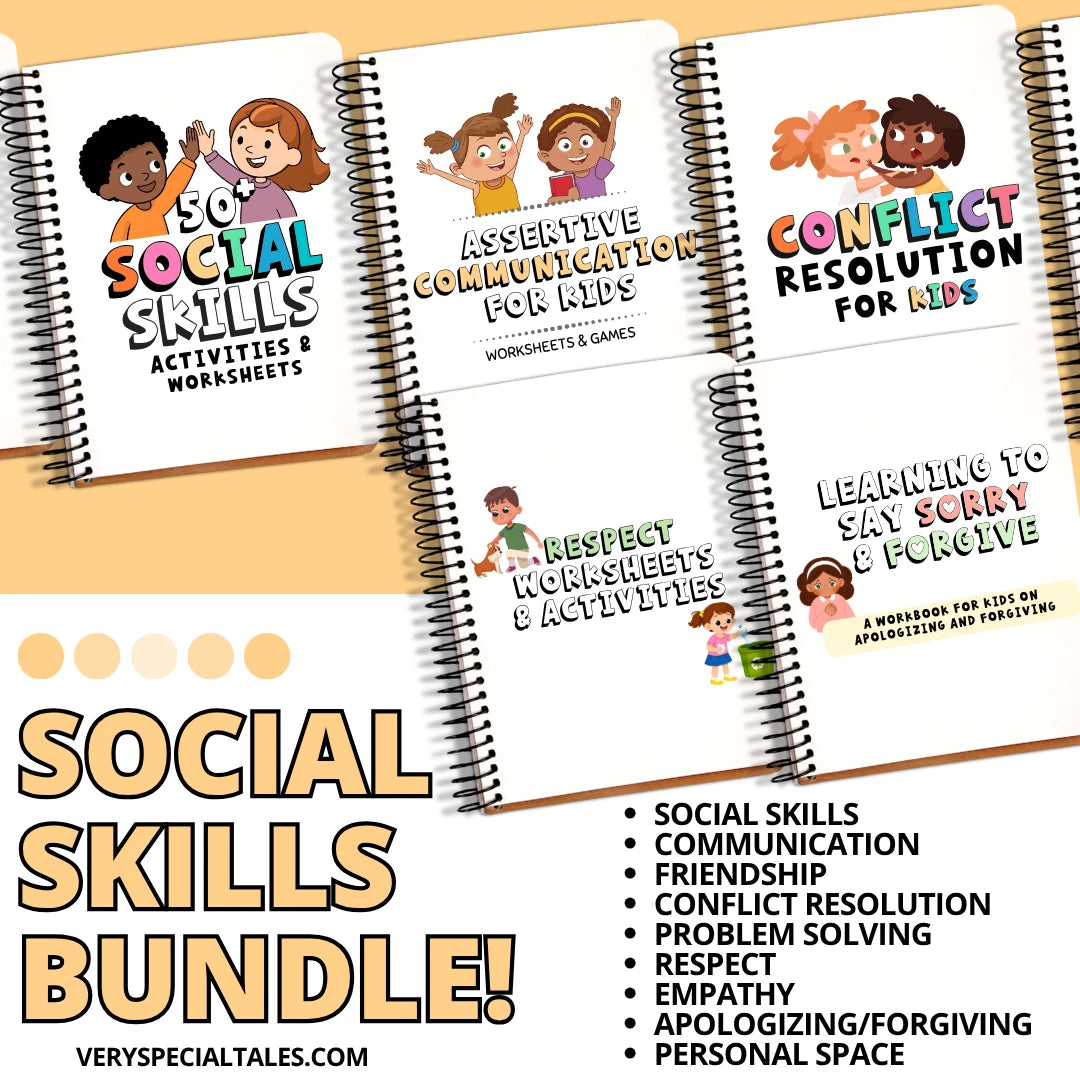 Social skills workbooks and worksheets for kids (PDF format) on a beige background with text overlay.