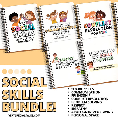 Social skills workbooks and worksheets for kids (PDF format) on a beige background with text overlay.