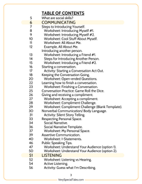 Social Skills Workbook, page 1 of the table of contents