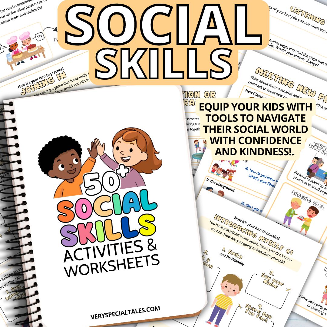 Social Skills Workbook showing some worksheet examples in the background