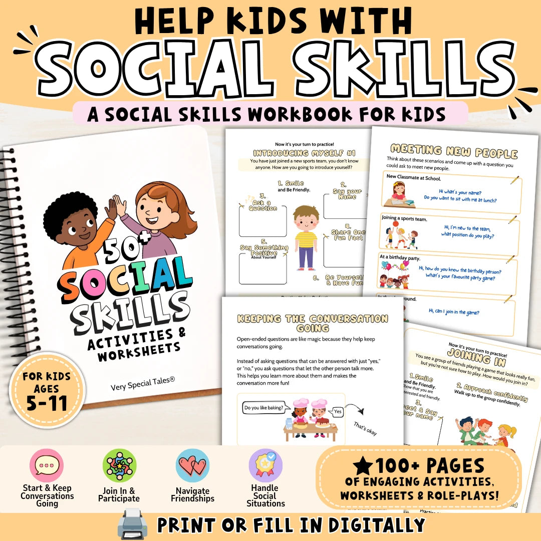 Social skills workbook for kids ages 5–11 with 100+ pages of activities, worksheets, and role-plays for conversations, participation, friendships, and social situations.