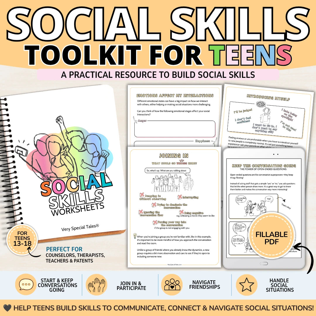 Social Skills Toolkit for Teens featuring printable and fillable social skills worksheets focused on conversations, participation, friendships, and navigating social situations.