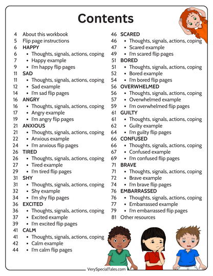 Table of contents for the Emotions Workbook