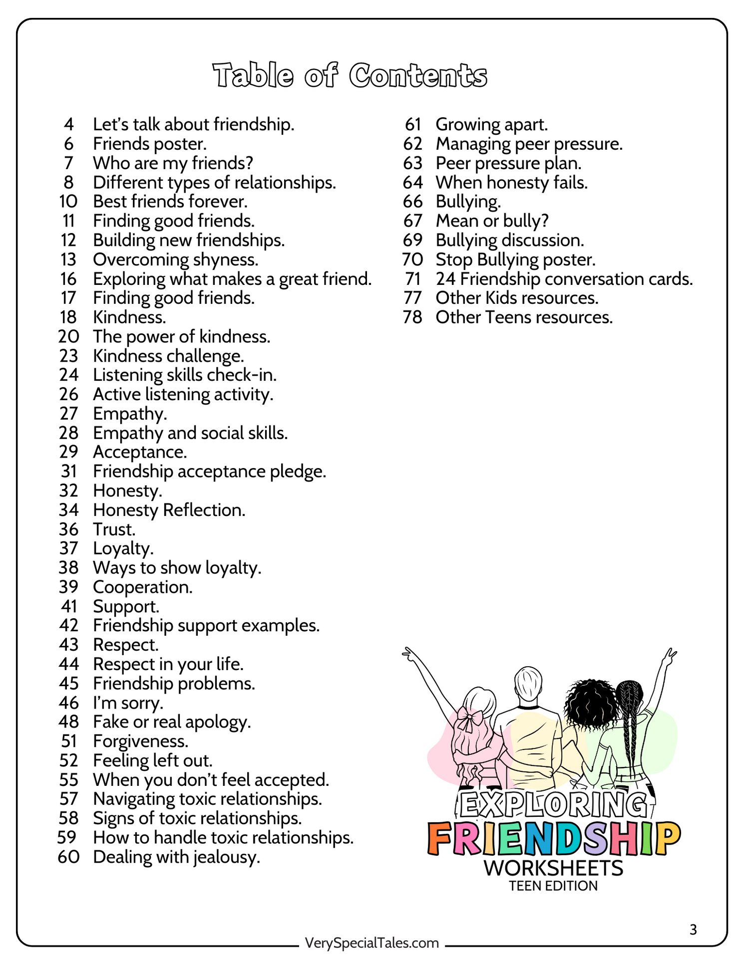 Table of contents for the Teen Friendship Workbook