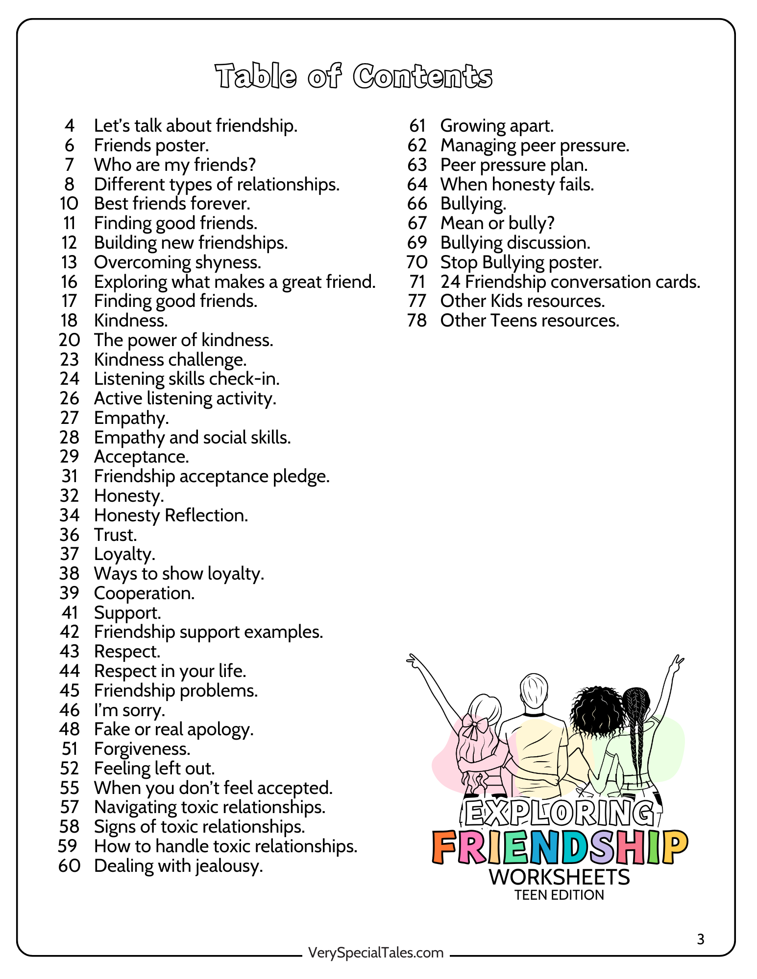 Table of contents for the Teen Friendship Workbook