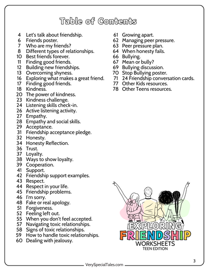 Table of contents for the Teen Friendship Workbook