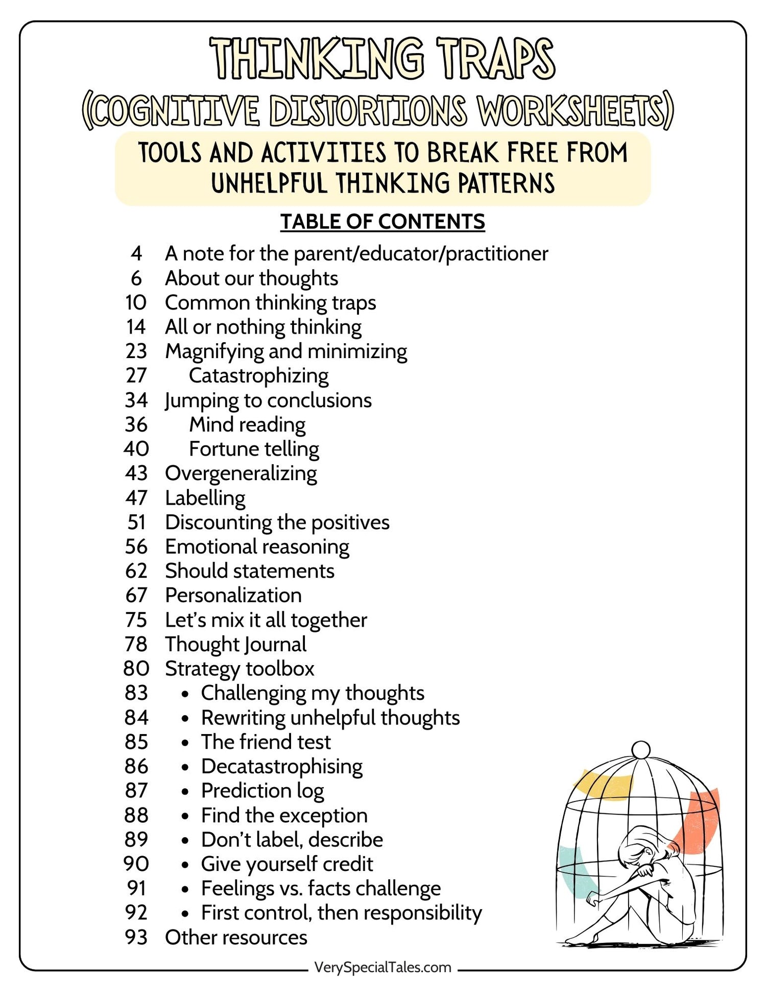 Table of contents for the cognitive distortions worksheets, title of the resource &