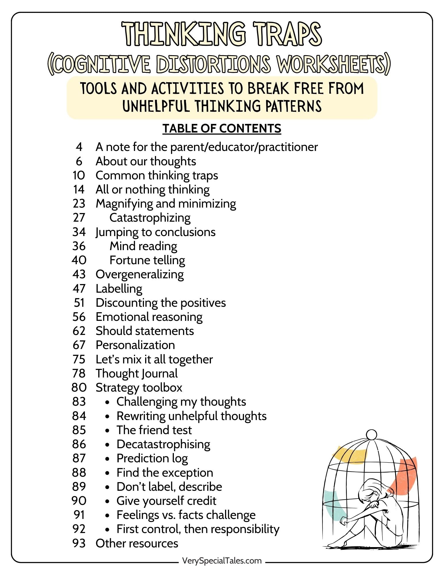 Table of contents for the cognitive distortions worksheets, title of the resource &