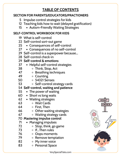 Table of Contents for the Self-Control Workbook for Kids (page 1)
