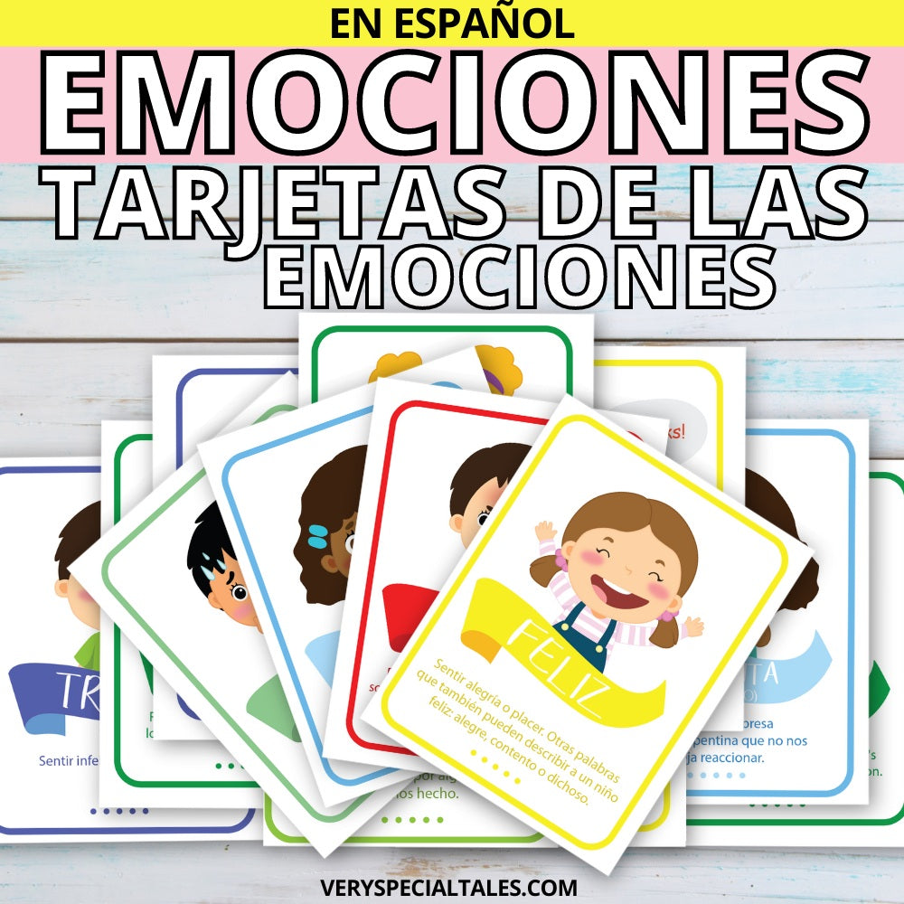 Ejemplos de tarjetas de las emociones, que incluyen una ilustración y una definición. En primer plano la emoción "feliz"