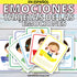 Ejemplos de tarjetas de las emociones, que incluyen una ilustración y una definición. En primer plano la emoción "feliz"