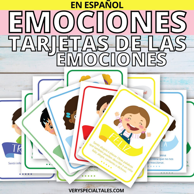 Ejemplos de tarjetas de las emociones, que incluyen una ilustración y una definición. En primer plano la emoción "feliz"
