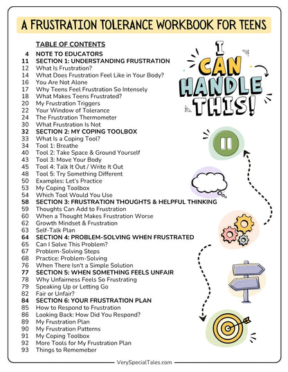Table of contents for the Frustration Tolerance Workbook for Teens showing six sections covering understanding frustration, coping tools, helpful thinking, problem-solving, unfair situations, and a personal frustration plan.