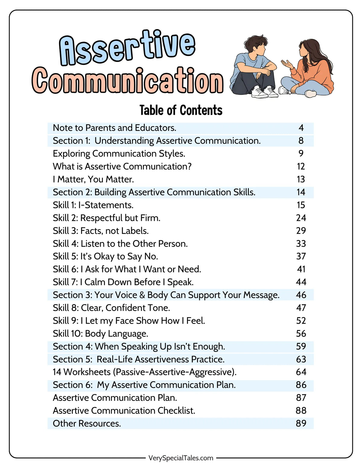 Table of contents page for the Assertive Communication Workbook for Teens