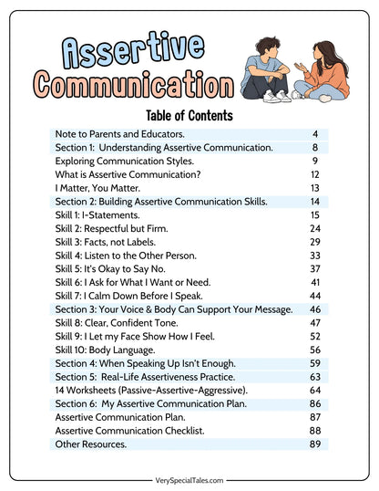 Table of contents page for the Assertive Communication Workbook for Teens