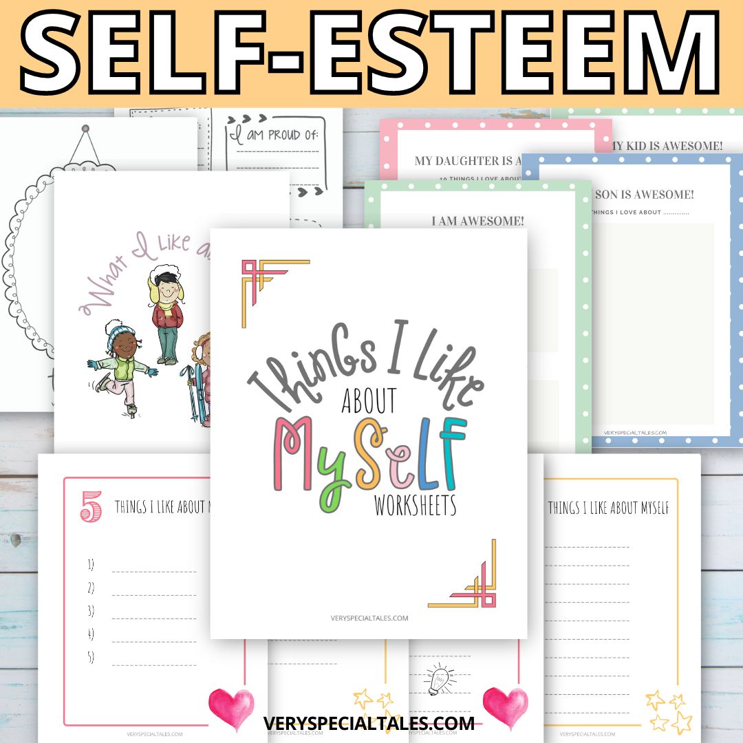 Various Self-Esteem worksheets containing playful illustrations and prompts to encourage self-love in children.