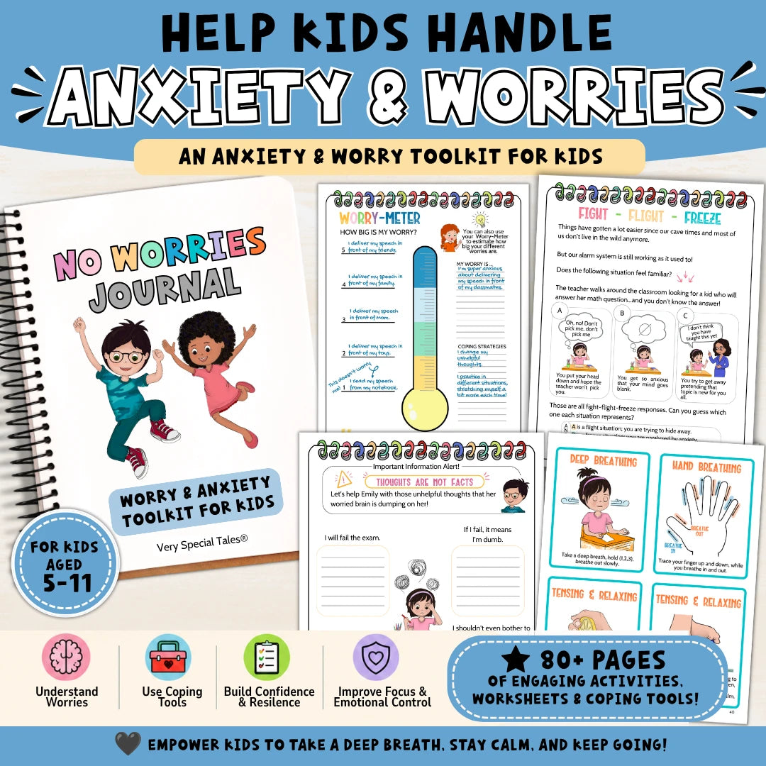 Anxiety &amp; Worry Workbook for Kids shop listing featuring a printable anxiety toolkit with over 80 pages of activities and worksheets. The image shows the workbook cover alongside sample pages, including a worry thermometer, worry box, thoughts are not facts worksheet, and star breathing exercise. Icons highlight learning goals such as understanding worries, building coping skills, confidence, and emotional regulation for children ages 5–11.