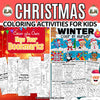 Collection of Christmas and New Year coloring activities for kids on a festive background.