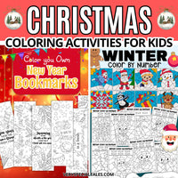 Collection of Christmas and New Year coloring activities for kids on a festive background.