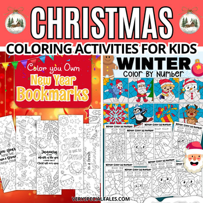 Collection of Christmas and New Year coloring activities for kids on a festive background.