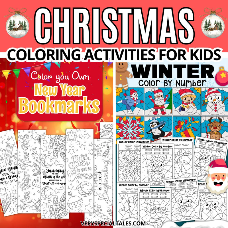 Collection of Christmas and New Year coloring activities for kids on a festive background.