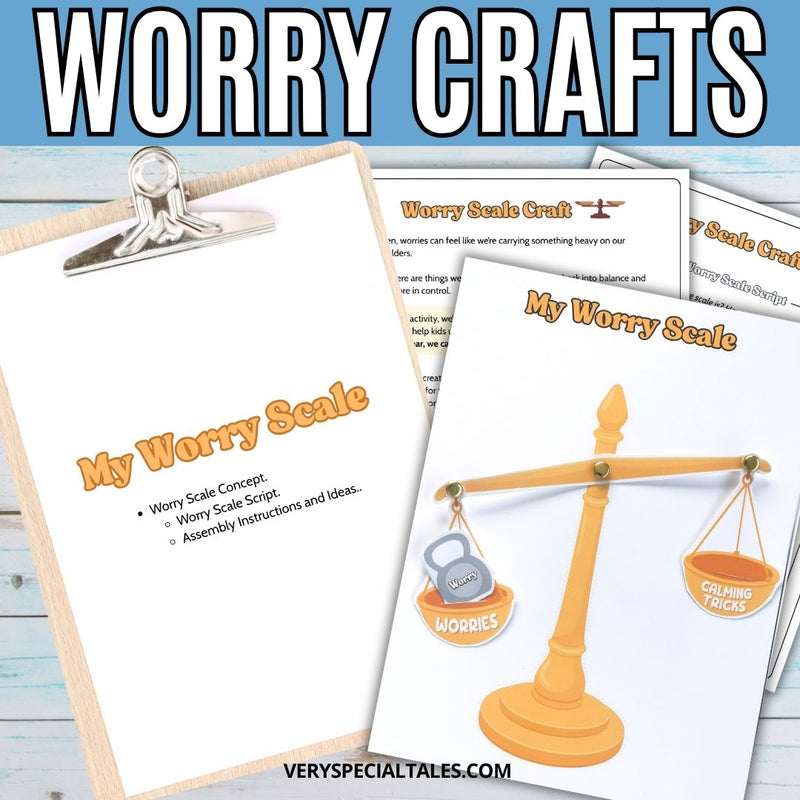 Worry scale craft kit with worksheets on a light blue background