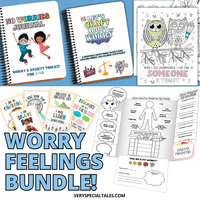 Worry feelings bundle with journals, coloring book, lapbooks, and worksheets on a blue background.