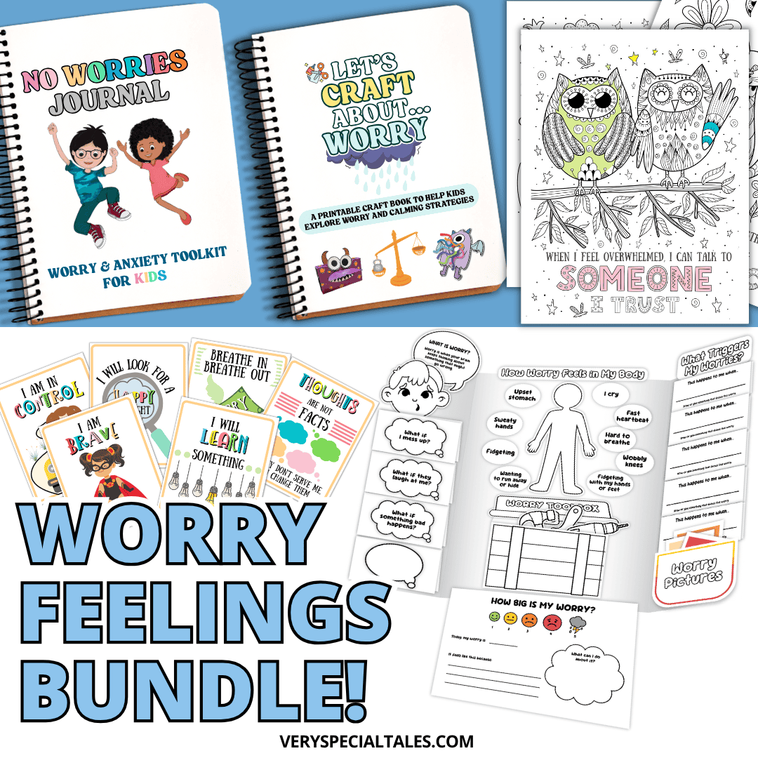 Worry feelings bundle with journals, coloring book, lapbooks, and worksheets on a blue background.