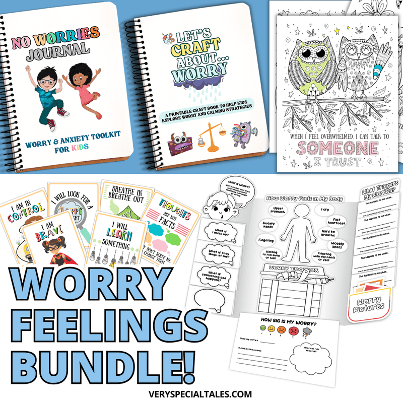 Worry feelings bundle with journals, coloring book, lapbooks, and worksheets on a blue background.