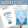 Worry Iceberg craft set with instructions and an assembled craft on a wooden surface.