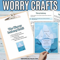 Worry Iceberg craft set with instructions and an assembled craft on a wooden surface.