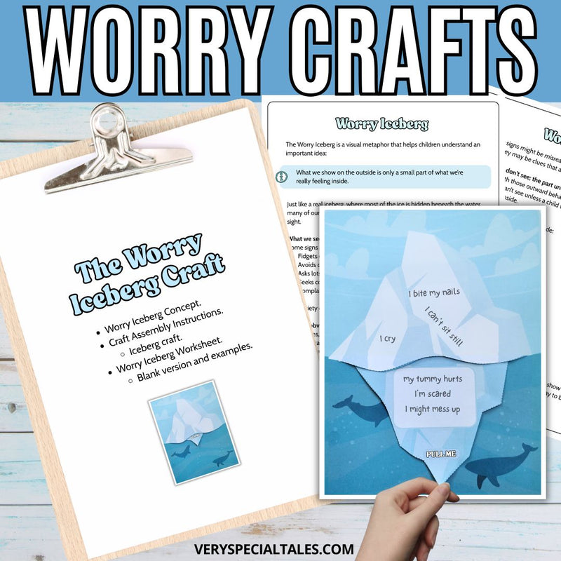 Worry Iceberg craft set with instructions and an assembled craft on a wooden surface.
