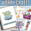 Craft book titled 'Let's Craft About Worry' with colorful illustrations in the background.