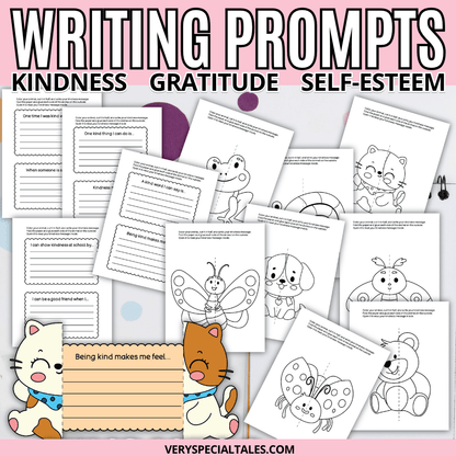 Educational worksheets with cartoon animals and writing prompts on a pink background