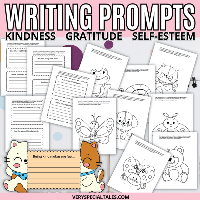 Educational worksheets with cartoon animals and writing prompts on a pink background