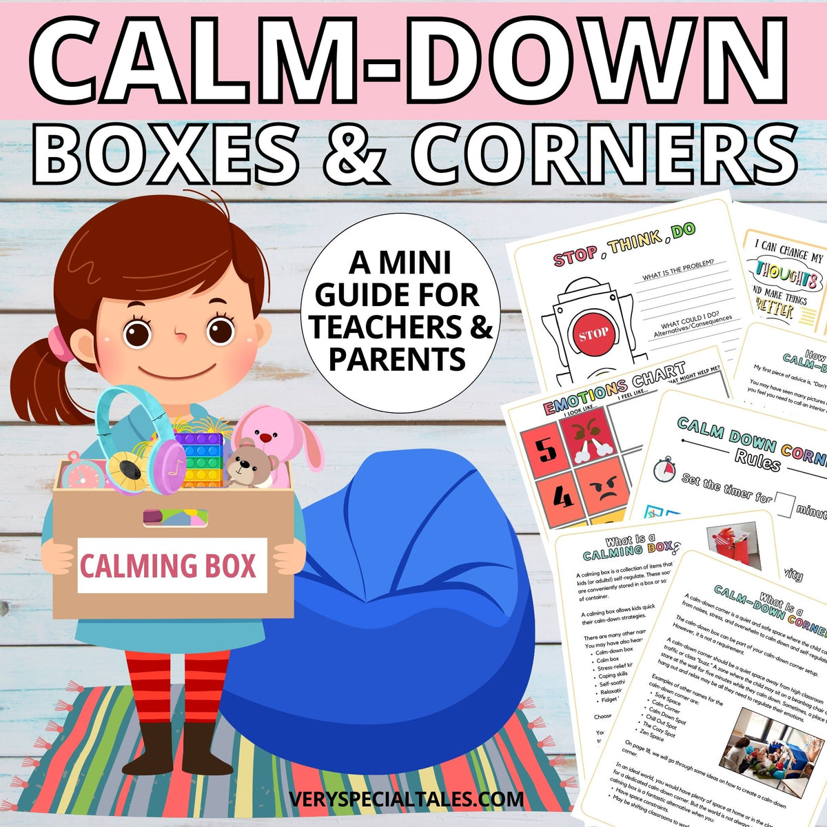 A playful illustration of a child standing in her living room, holding a calming box full of her favourite things. Worksheets from the Calming Box/Calm-Down Corner Easy Guide are displayed next to the illustration.