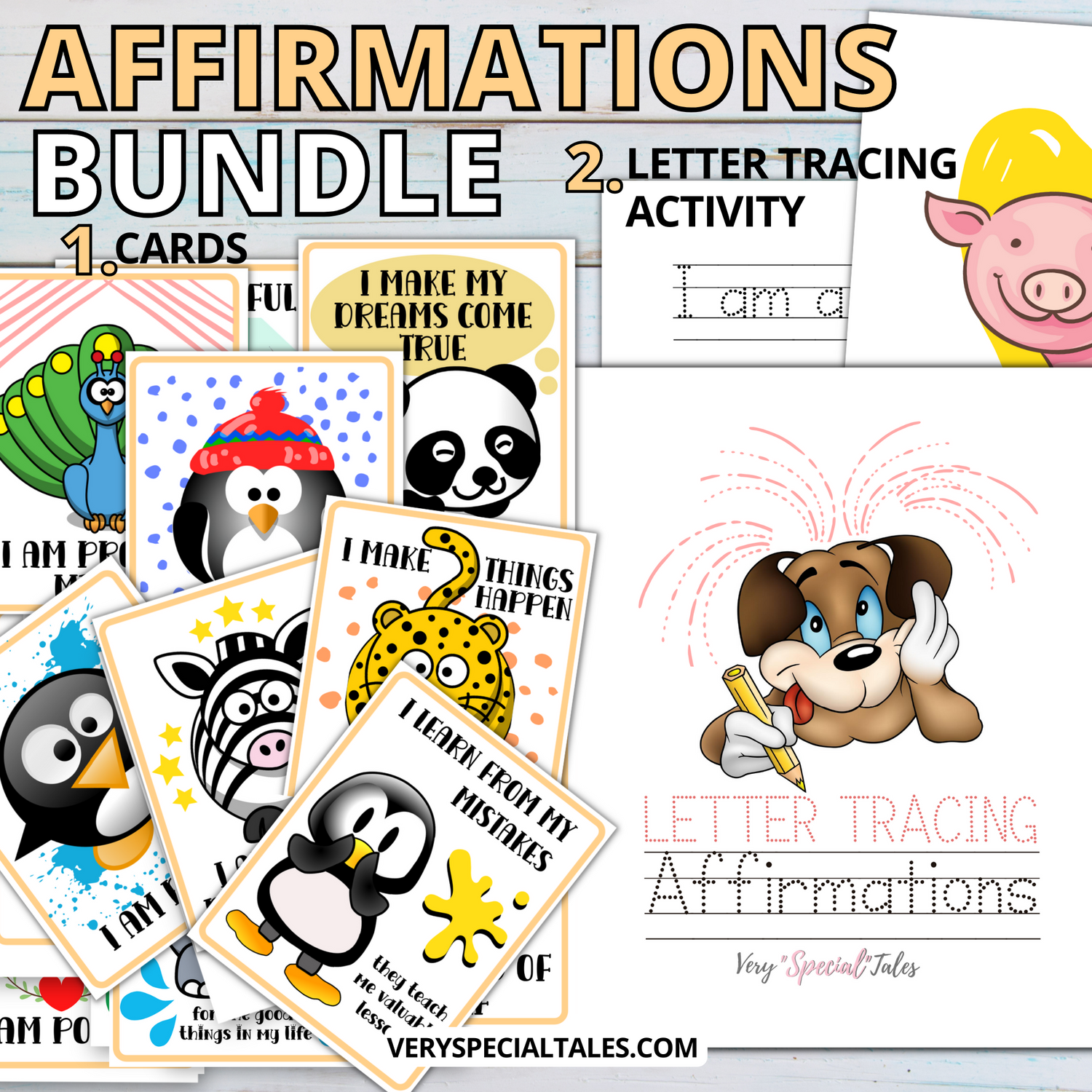 Various cards from the Affirmations Bundle with playful illustrations of animals alongside children&