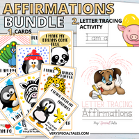 Various cards from the Affirmations Bundle with playful illustrations of animals alongside children's affirmations, as well as a page for letter tracing affirmations.