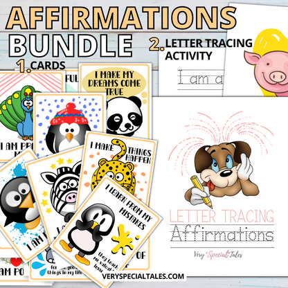 Various cards from the Affirmations Bundle with playful illustrations of animals alongside children&