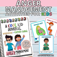 A notebook on a white wooden background contains playfull illustrations depicting childrens' methods of anger management.