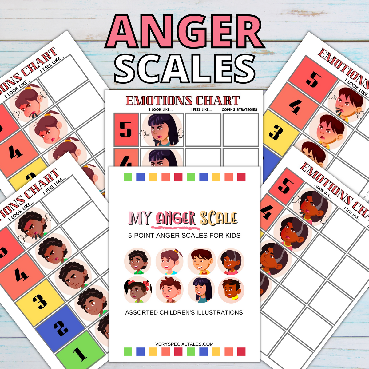 Various charts from the My Anger Scale product depicting different ranges of each emotion from 1 to 5, with illustrations.