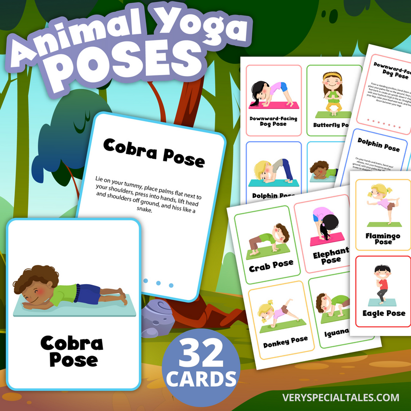 13 cards with illustrations of children performing various Animal Yoga Poses, against a jungle background.