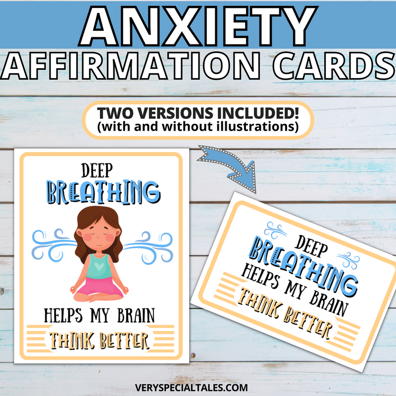 Example of an anxiety affirmation card with two versions. First version with a kid illustration and another version with just the affirmation statement