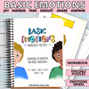 Ebook Cover for Basic Emotions Worksheets for Kids: Joy, Sadness, Fear; Disgust. Anger and Surprise, containing playful illustrations of children with different emotions on their faces.