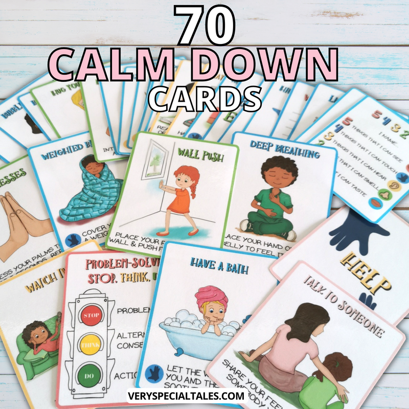 A pile of flashcards depicting different anger management methods for children, complete with playful illustrations of exercises.