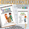 A notebook on a white wooden backdrop, containing two children public speaking at a podium, as well as an example of a worksheet from the Confidence Toolkit for Kids.