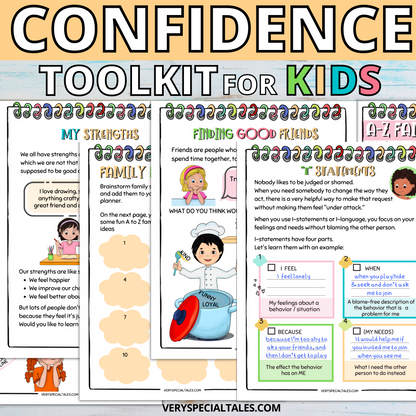 Worksheets from Confident Kid Journal (Worksheets for Kids &amp; Parents) containing playful illustrations and guides on improving children&