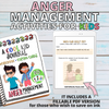 A notebook on a white wooden background contains playfull illustrations depicting childrens' methods of anger management, as well as a tablet displaying a fillable PDF version.